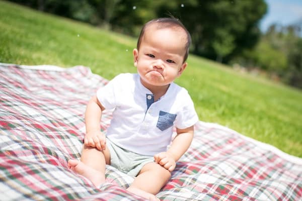 Grumbling baby on picnic blanket