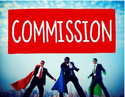 The word "commission" with men is suits dressed as superheroes.