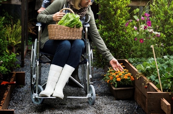 woman in a wheelchair in a garden
